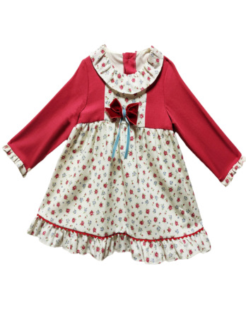 Vestido niña manga larga flores rojo y crudo