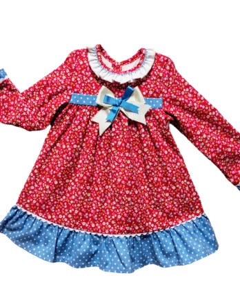 Vestido niña invierno m/l flores rojo y azul