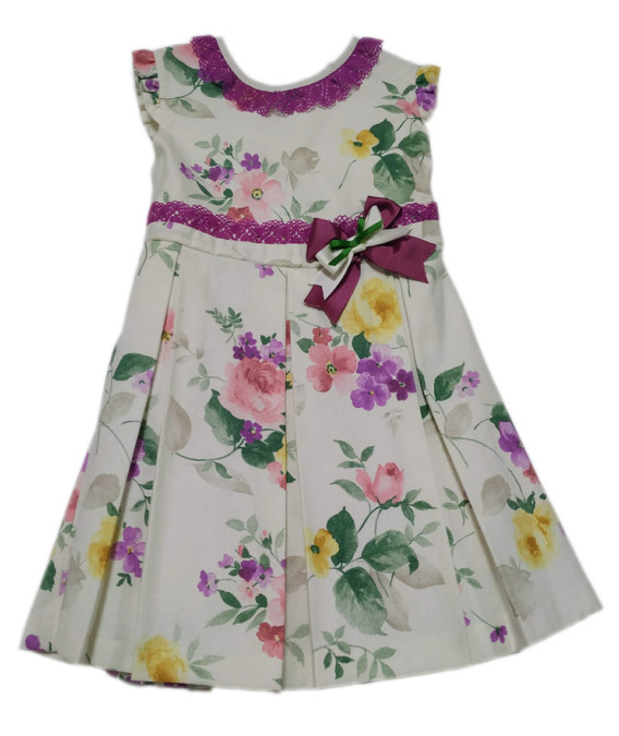 Vestido de niña lino flores crudo y morado 8566