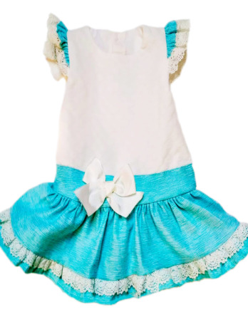 Vestido de niña blanco y turquesa 9516