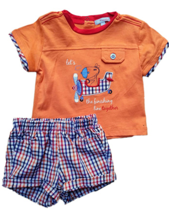 Conjunto de niño m/c bebé verano cuadros naranja tela 7163