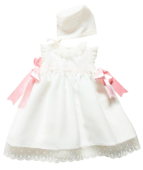 Vestido faldón de niña blanco con lazos rosas y capota 1102
