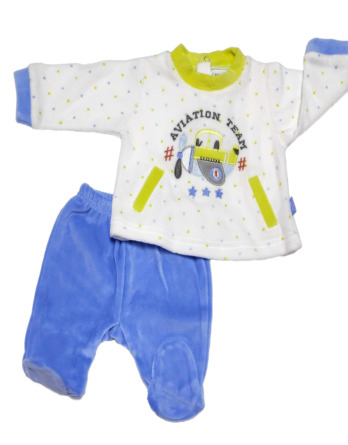 Conjunto primera puesta bebé niño terciopelo celeste y amarillo 
