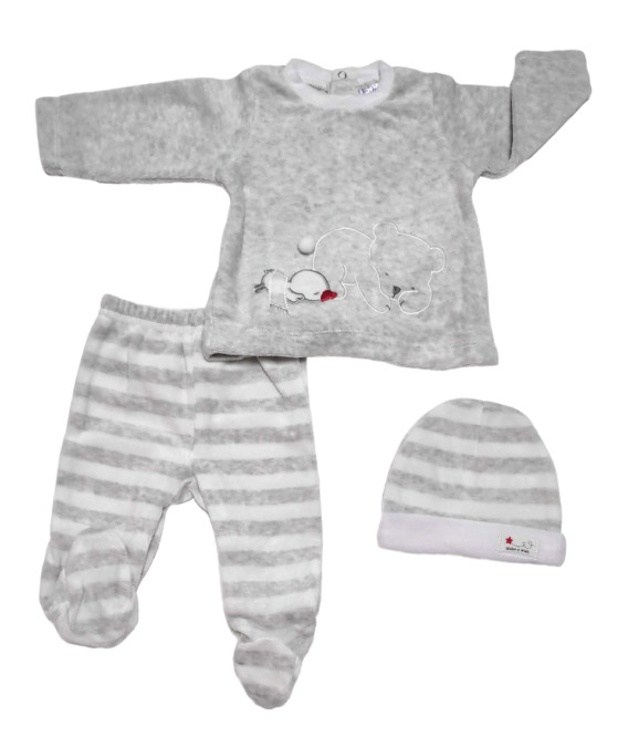 Conjunto primera puesta bebé niño terciopelo gris rayas blancas  
