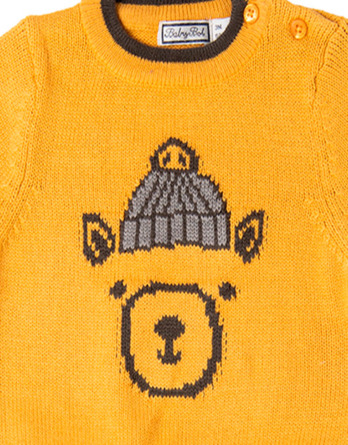 Conjunto de bebé niño jersey oso mostaza y pantalón de loneta 