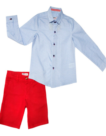 Conjunto niño con camisa estampada m/l pantalón corto rojo