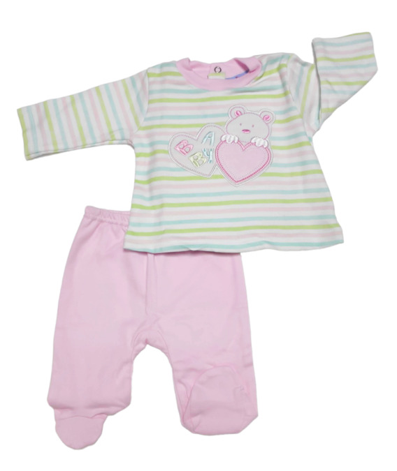 Conjunto primera puesta bebé niña algodón rosa con rayas