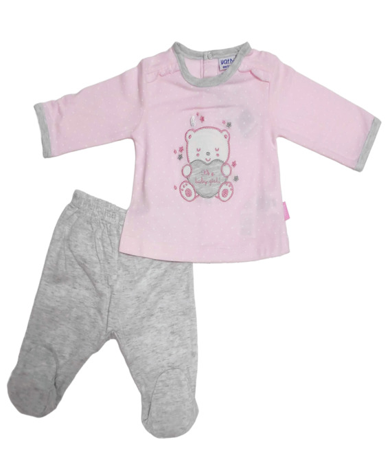 Conjunto primera puesta bebé niña algodónoso rosa y gris