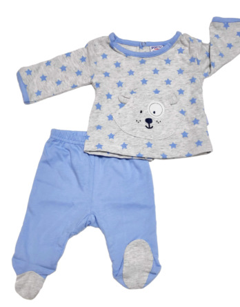 Conjunto primera puesta bebé niño algodón estrellas gris y azul