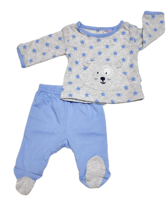Conjunto primera puesta bebé niño algodón estrellas gris y azul