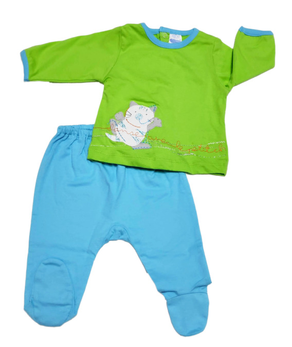 Conjunto primera puesta bebé niño algodón azul y verde