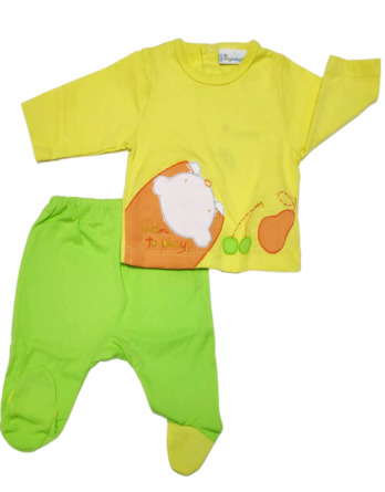 Conjunto primera puesta bebé niño algodón amarillo y verde